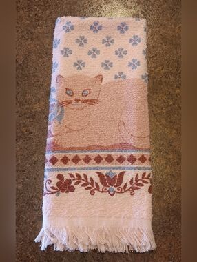 New Vintage 90s Pink Kitty Cat With Blue Accents Kitchen Hand Dish Towel.